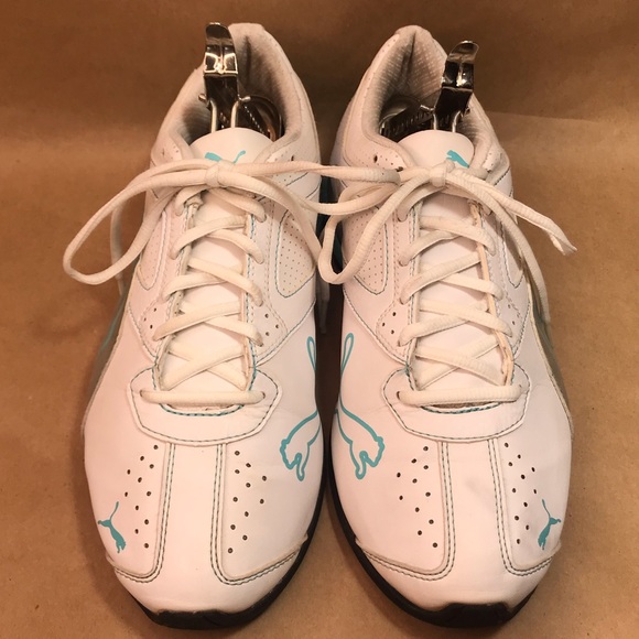 Puma White Turquoise Silver Leather Running Shoes Size 9 - Picture 6 of 16